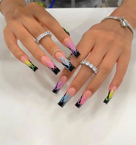 45 Top Homecoming nails with black nails 2021 to try - Page 5 of 5 - Mycozylive.com | Acrylic nails, Long acrylic nails coffin, Pink acrylic nails https://www.pinterest.com/pin/nails-by-dailynails31-on-instagram-12345-6--356910339229832034/ Nails And Rings, Rave Nails, Multicolored Nails, Black Acrylic Nails, Colorful Nail, Cute Acrylic Nail Designs, Glow Nails, Long Acrylic Nails Coffin, Acrylic Nails Coffin Pink