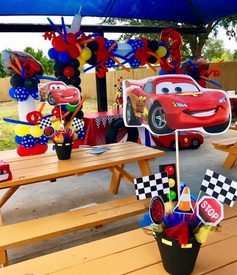 Lightning McQueen Lightning Mc Queen Birthday Party, Lighting Mac Queen Birthday Party, Lighting Mcqueen Centerpieces, Lightning Mcqueen Party Decorations, Lightning Mcqueen Party Ideas, Cars Lightning Mcqueen Birthday Party, Mc Queen Party Ideas, Cars Theme Centerpiece Ideas, Lightning Mcqueen Centerpieces