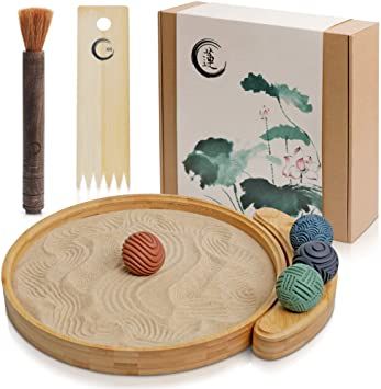 Amazon.com: ENSO - Japanese Zen Garden Kit for Desk - Sand Garden Tools and Accessories Box Set for Office Desktop - 12” Large Round Bamboo Tray, 4 Stamp Spheres, Natural Sand, Rake - Mini Zen Decor Gifts : Toys & Games Zen Office Decor, Sand Tray Therapy, Zen Office, Zen Sand Garden, Sand Garden, Sand Tray, Mini Zen Garden, Zen Gifts, Japanese Zen Garden