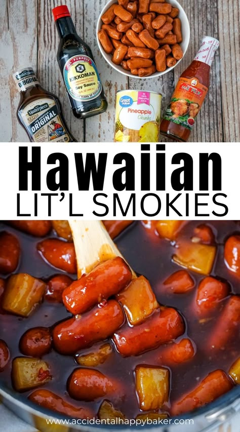 Lit’l Smokies are simmered in a sweet and spicy sauce with pineapple chunks for a fun Hawaiian flair. These Hawaiian Lit’l Smokies make a great appetizer for your next bbq or party and are absolutely perfect for any Luau themed gathering! Hawaiin Party Finger Foods, Lilo And Stitch Birthday Party Food Ideas, Finger Foods For Luau Party, Lilo And Stitch Recipes, Lilo And Stitch Party Food Ideas, Hawaiian Finger Foods, Luau Food Ideas For Kids, Lilo And Stitch Themed Food, Lilo And Stitch Food