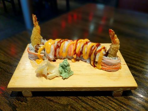 [I Ate] A Shaggy Dog Roll - Crab meat japanese mayo sweet eel sauce and spicy mayo on top of a shrimp tempura roll with gari and wasabi. Shaggy Dog Sushi, Eel Sauce, Shrimp Tempura Roll, Japanese Mayo, Tempura Roll, Sushi Recipe, Shaggy Dog, Shrimp Tempura, Spicy Mayo