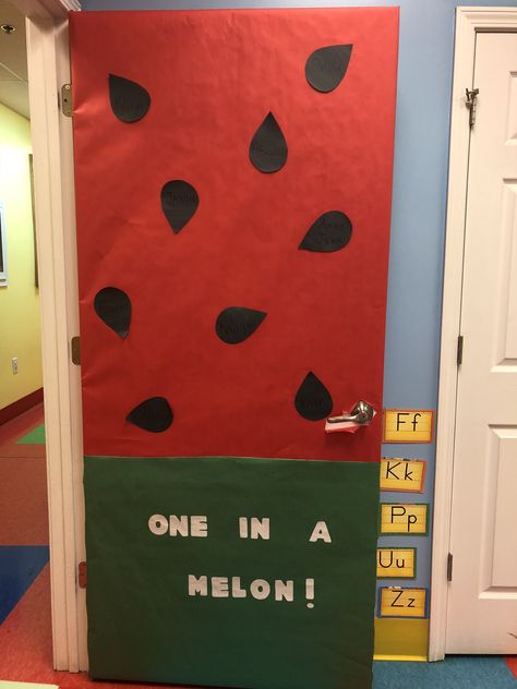 One in a melon! #classroomdecor #classroom #watermelon Watermelon Door Decorations Classroom, Spring Classroom Door, Watermelon Theme, Spring Door Decoration, Infant Room, Classroom Doors, Spring Classroom, Watermelon Designs, Preschool Class