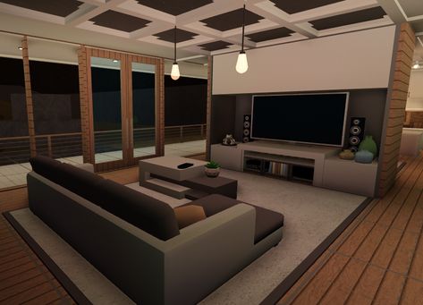 Small Bloxburg House Ideas Modern, Extra Rooms In House Ideas Bloxburg, Bloxburg Modern Kitchen Design, Apartment Bloxburg Interior, Family Room Bloxburg, Bloxburg Theater Room, Modern Roblox House, Living Room Bloxburg Modern, Modern Blocksburg House