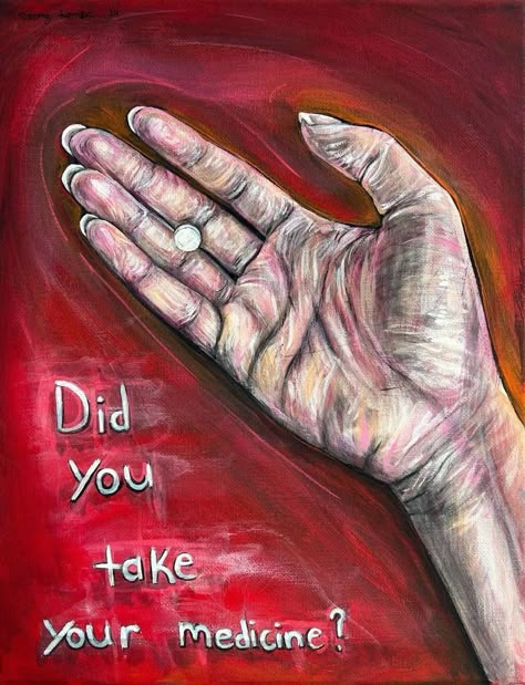 Painting of an expressive, almost realistic hand holding a white pill against a red background. Made with acrylic paint on 11x14 inch stretched canvas, sealed with a matte varnish. An original titled "Did you take your medicine?", created and sold by artist Destiny Stamper. Free domestic shipping within the US Art Ideas Deep Meaning, Pill Painting Art, Being Different Art, Art With Meaning Feelings, Smeared Painting, Painting Ideas On Canvas Meaningful, Psychological Paintings, Painting Deep Meaning, Painting Of A Mirror