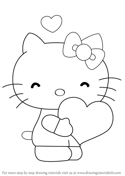 Learn How to Draw Hello Kitty with Heart (Hello Kitty) Step by Step : Drawing Tutorials Draw Hello Kitty, Hello Kitty Desenho, 헬로키티 배경화면, Hello Kitty Colouring Pages, Easy Cartoon Drawings, Kitty Coloring, Seni 2d, صفحات التلوين, Hello Kitty Coloring