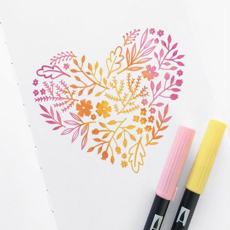 This ombre heart makes the perfect graphic for a thank you card, or to hang on your wall.    Supplies Needed: - Tombow brush markers - #025, #723, #673, blender - Pencil + eraser - Archer and Olive sketchbook 1. Lightly sketch the outline of a heart.   2. Section off the heart into 5 different columns. Make the second and fourth columns slightly larger than the others, as there will be more overlap in these columns.    3. Starting with the yellow #025 marker, begin adding your doodles to the Gel Pen Art, Archer And Olive, Heart Tutorial, Tombow Brush Pen, Tombow Markers, Brush Pen Art, Tombow Dual Brush Pen, Tombow Dual Brush, Floral Doodle