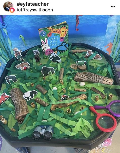 Jungle Themed Sensory Activities, Wild Animals Eyfs Activities, Jungle Nursery Activities, Wild Animals Dramatic Play Preschool, Down In The Jungle Activities, Rainforest Sensory Activities, Jungle Animals Tuff Tray, Jungle Themed Tuff Tray, Jungle Tuff Tray Eyfs