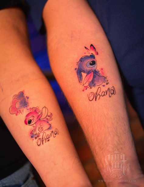 For a couple  matching tattoo can symbolize your bond. Our tattoo studio specializes in unique designs to represent your connection. Choose from subtle or elaborate designs, our artists bring your vision to life. Visit our studio to start the journey towards matching tattoos.   Lilo and Stich tattoo | Disney Design | Couple tattoo idea Matching Tattoo With Siblings, Stitch Sibling Tattoo, Stitch And Angel Matching Tattoos, Lilo And Stitch Couple Tattoo, Disney Theme Tattoos, Stitch Couple Tattoo, Stitch And Angel Tattoo Couple, Sister Tattoos Disney, Matching Stitch Tattoos