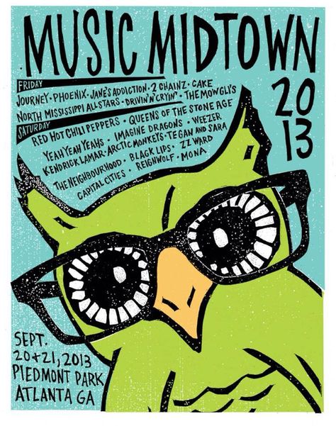 Music Midtown 9/20-9/21 2013 Mccafferty Poster, Midtown Band, Musical Night Poster, Oklahoma Musical Poster, Piedmont Park Atlanta, Music Midtown, Friday Music, Queens Of The Stone Age, Piedmont Park