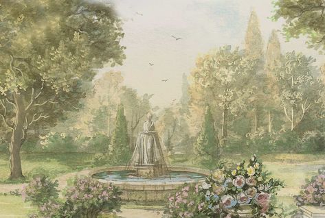 French style garden illustration on Behance Vintage Garden Illustration, French Garden Painting, English Garden Illustration, French Background, Parisian Painting, Paris Garden, Arabic Logo, Paris Painting, Garden Illustration