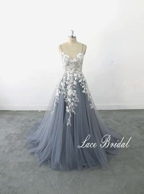 A-line Dusty Blue Tulle Lace Wedding Dress Romantic Lace | Etsy Baby Blue Wedding Dresses, Lace Wedding Dress Romantic, Blue Lace Wedding Dress, Lavender Wedding Dress, Light Gray Wedding, Ombre Wedding Dress, Blue Wedding Gowns, Tulle Lace Wedding Dress, Wedding Dress Romantic