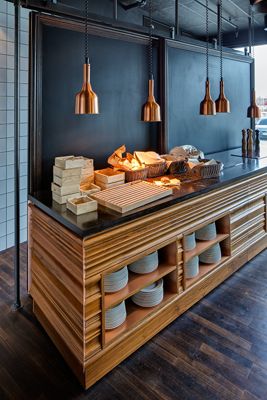 Radisson Blu Riverside by Doos Architects Buffet Counter, Fish Bar, Hotel Buffet, Riverside Hotel, Hotel Breakfast, Design Café, Radisson Blu, Counter Design, Hotel Interiors