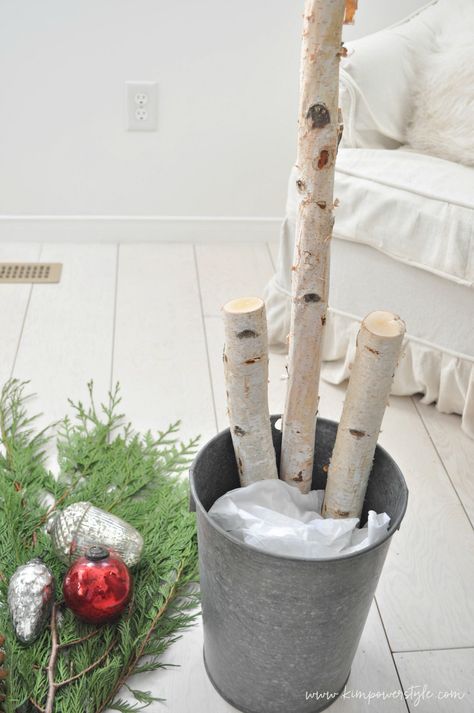 White Birch Christmas Tree Decorating Ideas, Birch Evergreen Planter, Birch Sticks In Planters, Birch Sticks Christmas Decor, Wood Log Christmas Decor, White Birch Logs Decor Rustic Christmas, Birch Wood Christmas Decor, Birch Branches Decor, Indoor Birch Tree Decor