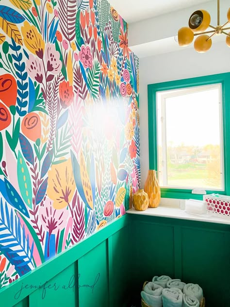 Laundry Room 2.0: Full Remodel - Jennifer Allwood Home Bright Colorful Laundry Room, Bright Wallpaper Bathroom, Bright Color Walls, Interesting Painted Walls, Bright Color Laundry Room Ideas, Bright Laundry Room Colors, Bold Laundry Room Ideas, Laundry Room Colorful, Colourful Laundry Room