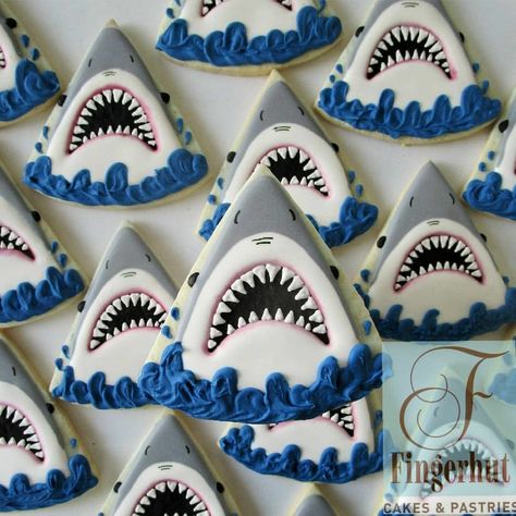 Shark Cookies Decorated, Ocean Cookies, 8 Is Great, Shark Birthday Cakes, Shark Themed Party, Fish Cookies, Beach Cookies, Shark Cookies, Cookie Monster Party