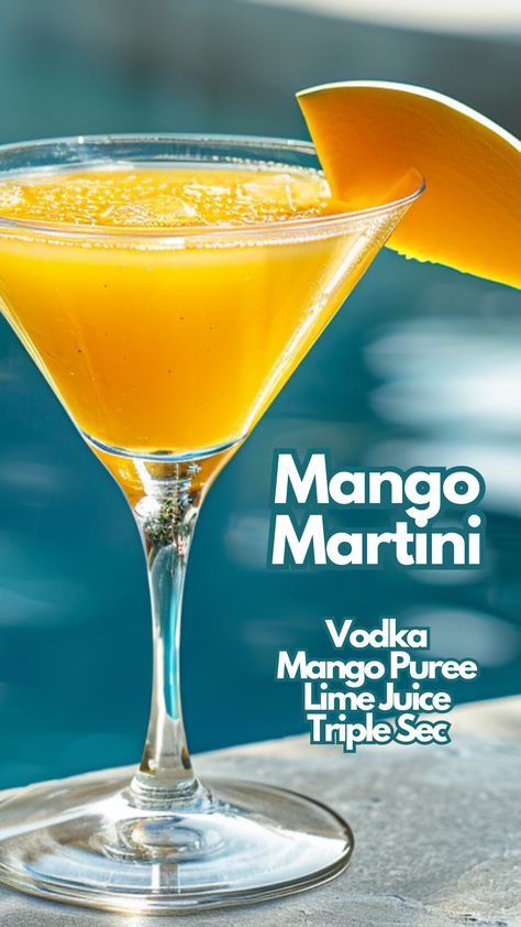 The fresh mango puree makes this drink irresistibly fruity and slightly sweet, which perfectly balances the sharpness of the vodka and the citrusy zing of lime juice. It’s a great choice for both new and seasoned cocktail enthusiasts looking for something different. The mango not only adds a tropical flair but also a beautiful color to the drink. #mangomartini via @mybartender Mango Martini Recipe, Martini Variations, Mango Cocktails, Mango Martini, Mango Vodka, Cocktail Cards, Making Drinks, Vodka Cocktails Easy, Mango Cocktail