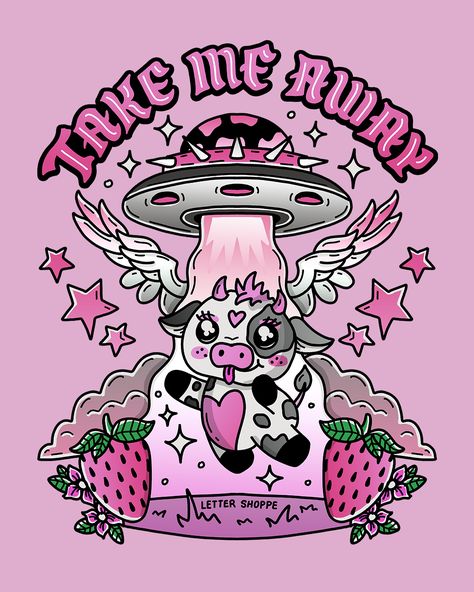 Our posts showcase a cute cow being abducted by a cow-print UFO with a pink spike collar, surrounded by angel wings and strawberries.   Perfect for fans of cute aliens, pink outfits, and ufo aesthetics, our Instagram is your go-to source for inspiration and the latest in tumblr clothing.   Join our community of alt fashion lovers and stay connected with daily posts, behind-the-scenes looks, and more. Tattoos Strawberry, Cow Drawing Cute, Strawberry Cow Drawing, Cute Cow Art, Cow Tattoos, Cute Aliens, Aesthetic Cow, Strawberries And Flowers, Ufo Tattoo