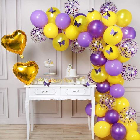 Butterfly Balloon Garland, Butterfly Themed Party, Dino Party Decorations, Butterfly Balloon, Kids Party Balloons, Yellow Confetti, Butterfly Balloons, Pearl Purple, Purple Confetti