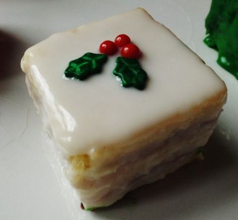 Holiday Petit Fours - Project Pastry Love Petit Fours Christmas, Holiday Petit Fours, Christmas Petit Fours, Moist Almond Cake, Cake Cherry, Cherry Preserves, Almond Cake Recipe, Cherry Filling, New Year's Eve Recipes