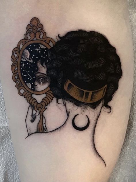 Girl Looking In Mirror Tattoo, Envelope Tattoo, Reflection Tattoo, Dumbest Tattoos, Mirror Tattoo, Mirror Tattoos, Woman Mirror, The Ouroboros, Traditional Tattoo Sleeve