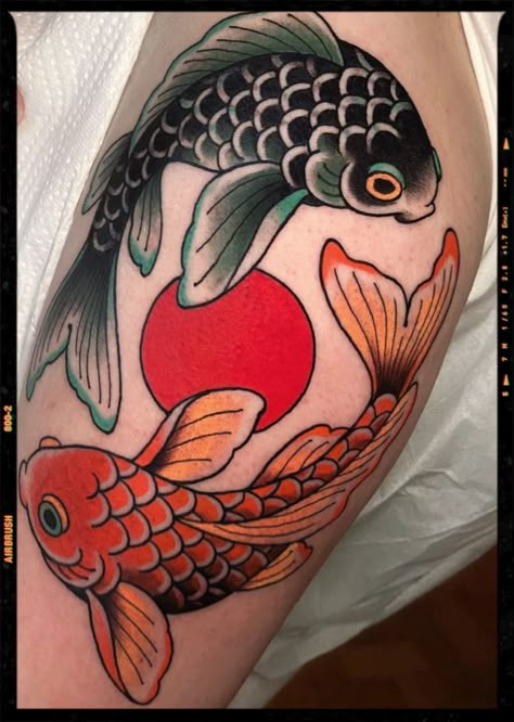 Traditional Style Koi Fish Tattoo, Koi Fish Tattoo Traditional Japanese Art, Koi Fish American Traditional, Pisces Tattoo Traditional, American Traditional Koi Fish Tattoo, Color Fish Tattoo, Traditional Tattoo Fish, Traditional Koi Tattoo, Neotraditional Back Tattoo