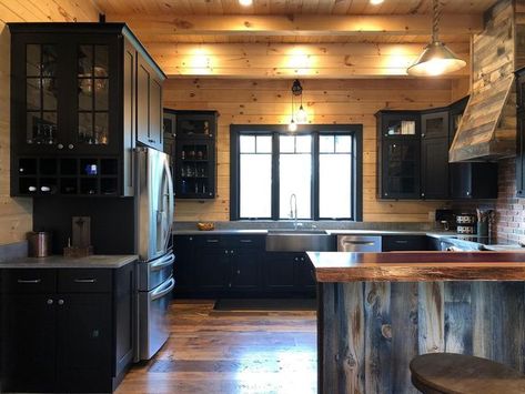 Cabin Black Cabinets, Black Window Trim Interior Log Cabin, Kitchen Ideas For Mobile Homes, Log Cabin Kitchen Cabinet Colors, Black Cabin Kitchen, Log Cabin Kitchens Cabinets, Cabin Cabinets, Cabin Kitchen Cabinets, Log Cabin Kitchen Ideas