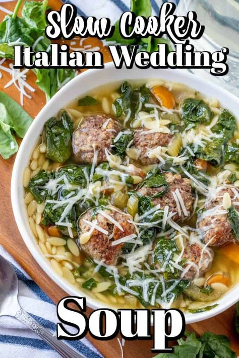 Crockpot Italian Wedding Soup, Breakfast Bits, February Meals, Tiny Meatballs, Italian Soups, Slow Cooker Italian, Italian Wedding Soup Recipe, Crockpot Soup, Wedding Soup