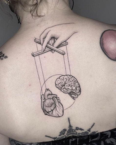 Brain Tattoo Ideas Simple, Head And The Heart Tattoo, Psychology Tattoo Minimalist, Brain And Heart Tattoo, Heart And Brain Tattoo, Tattoo Balance, Psychology Tattoo, Anatomical Tattoos, Balance Tattoo