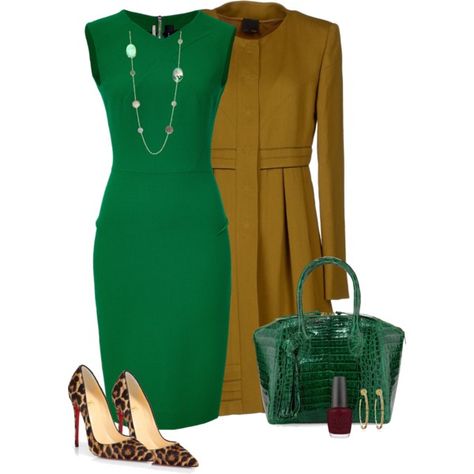 "Autumn Is In The Air With Style !!!" by stylesbypdc on Polyvore Kelly Green Dress Outfit, Camel Jacket Outfit, Kelly Green Dress, Green Dress Outfit, Dress Necklace, Real Green, Nancy Gonzalez, Work Chic, Green Dresses