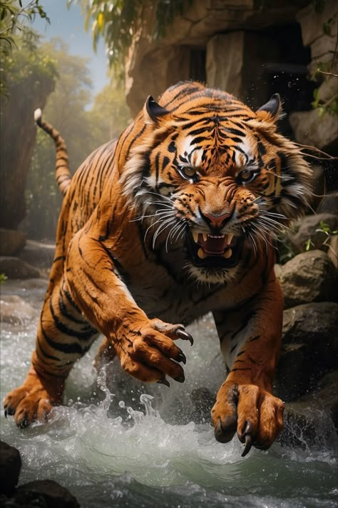 Tiger Attacking, Tiger Photos, Tiger Paintings, 3d Art Museum, Half Sleeve Tattoo Stencils, Tiger Attack, Dual Monitor Wallpaper, Tiger Photography, Tattoo Tiger