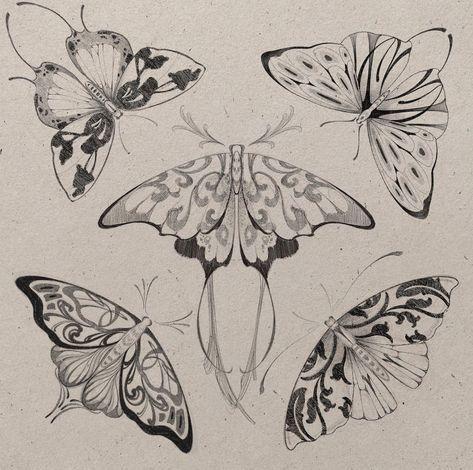 Neotraditional Butterfly Tattoo Design, Art Nouveau Animals Illustration, Art Nouveau Butterfly, Art Deco Butterfly, Art Papillon, Moth Tattoo, Ornamental Tattoo, Tattoo Portfolio, Butterfly Drawing