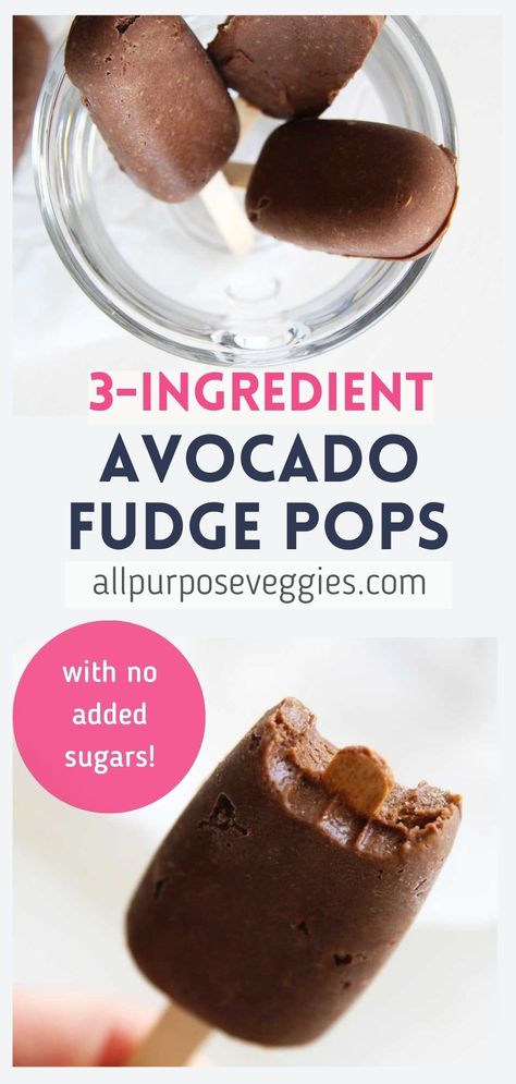 Healthy Fudge Popsicle Recipes, Avocado Cocoa Powder Recipes, Chocolate Avocado Popsicles, Avocado Fudge Pops, Avocado Popsicles Recipe, Frozen Avocado Uses, Avocado Fudgesicle, Avocado Dessert Recipes Healthy, Fudge Popsicle Recipe