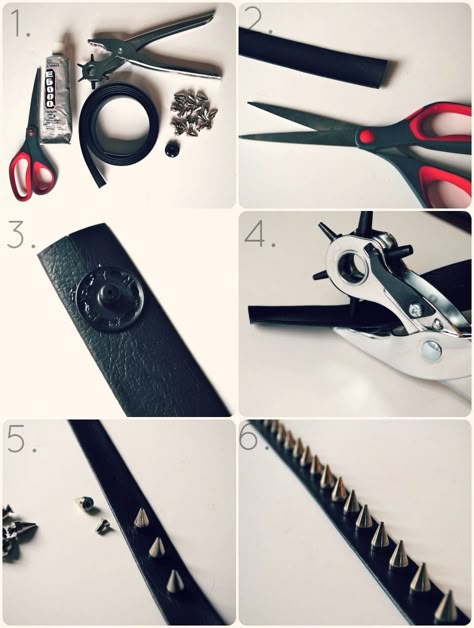 DIY studded belt - use this same principle to stud any leather object Diy Goth Clothes, Punk Fashion Diy, Studs Diy, Harness Fashion, Diy Fashion Projects, Studs And Spikes, Punk Art, Fashion Diy, Studded Leather