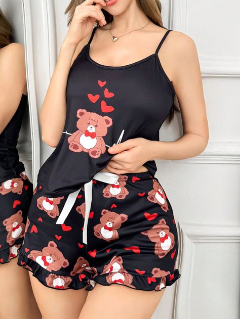 Cute Panda Heart Print INS Style Women Pajama Set Multicolor Cute  Sleeveless Knitted Fabric Cartoon,Plants  Slight Stretch All,Spring/Summer Women Sleep & Lounge, size features are:Bust: ,Length: ,Sleeve Length: Pajama Set Women, Cute Panda, Pyjama Set, Style Women, Pajamas Women, Heart Print, Pajama Set, Knitted Fabric, Lounge