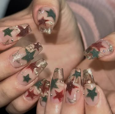 Green Acrylic Nails, Clear Acrylic Nails, Pretty Gel Nails, Really Cute Nails, Nail Art Inspo, Star Nails, Cool Nails, Nail Idea, Xmas Nails