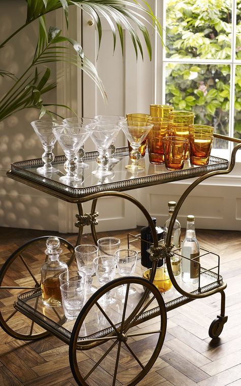 Liquor Cart, Vintage Drinks Trolley, Bar Cart Design, Cocktails Cart, Gold Bar Cart, Glass Bar Cart, Home Cocktail Bar, Basement Inspiration, Drink Cart