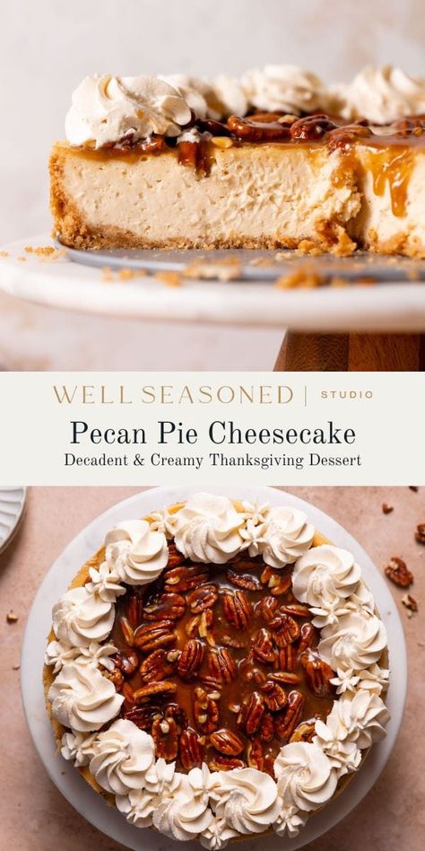 Rich & Creamy Pecan Pie Cheesecake Cheddar Pecan Cheese Torte, Cheesecake Thanksgiving Desserts, Creamy Pecan Pie, Friendsgiving 2023, Pecan Pie Cheesecake Recipe, Thanksgiving Cheesecake, Dessert For Thanksgiving, Cinnamon Whipped Cream, Caramel Pecan Cheesecake