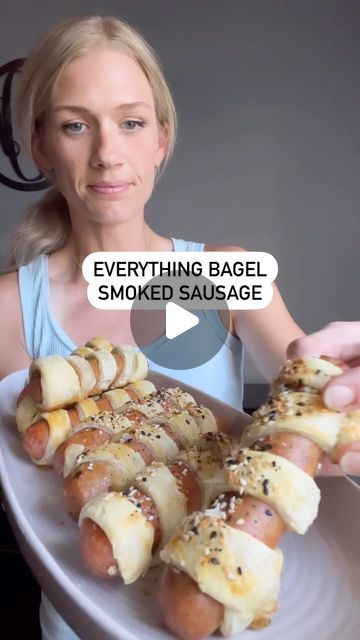 Andrea on Instagram: "✨Everything Bagel Smoked Sausage Wrapped with Puff Pastry✨  1. Thaw 1 sheet of puff pastry dough and roll out a bit. Then cut into strips. 2. Take 8 smoked sausage dogs and wrap them in a spiral with the puff pastry dough strips. 3. Whisk one egg to make an egg wash. 4. Spread the egg wash on each  5. Top with everything bagel seasoning  6. Bake at 400 degrees for 20 minutes. 7. Enjoy dipped in your favorite sauce" Sausage Wrap, Puff Pastry Dough, Egg Wash, Everything Bagel, Pastry Dough, Smoked Sausage, Sausage Dog, Sheet Pan Recipes, Puff Pastry