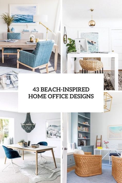 Picture Of a beach home office with a wooden desk, rattan chairs and a daybed, a pendant lamp and navy and white pillows Coastal Home Office Beach, Beach Office Design, Office Beach Theme, Coastal Office Ideas Beach, Coastal Style Office, Costal Home Office, Home Office Beach Style, Coastal Blue Home Office, Florida Room Office Ideas