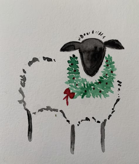 Funny Christmas Watercolor, Christian Christmas Drawings, Simple Chicken Painting, Watercolor Painting Christmas Card Ideas, Easy Christmas Watercolor Ideas, Watercolor Art For Beginners Simple Landscape, Easy Watercolor Christmas Cards, Watercolour Sheep, Watercolor Christmas Art