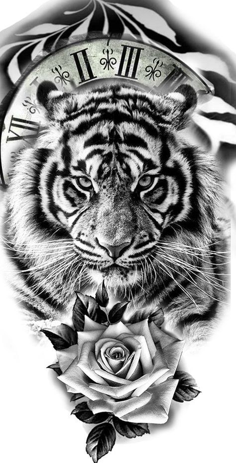 Tiger Clock Tattoo Design, Tiger Clock Tattoo, Tiger Forearm Tattoo, Tattoo Lions, Tato Irezumi, Mens Tiger Tattoo, White Tiger Tattoo, Clock And Rose Tattoo, Tato 3d