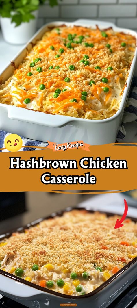 Enjoy the comforting merge of flavors in Hashbrown Chicken Casserole, an all-in-one dish that layers creamy chicken, cheese, and crispy hashbrowns. This hearty casserole is a family favorite, easy to assemble and perfect for a satisfying weeknight dinner. Quick And Easy Dinner Recipes With Hashbrowns, Meal With Hashbrowns, Chicken Shredded Potato Casserole, Breakfast Casserole With Shredded Hashbrown, Loaded Chicken And Hash Brown Casserole, What To Make With Shredded Hashbrowns, Meals With Hashbrowns Dinners, Chicken And Hash Brown Casserole, Dinner Ideas With Hashbrowns