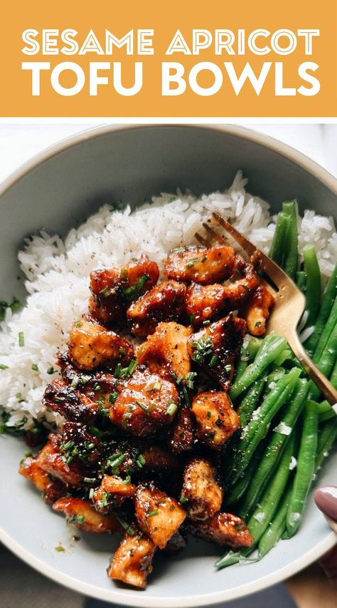 Torn-up tofu pan-fried into crispiness and made saucy, sticky, and sweet into this Sesame Apricot Tofu. An easy, simple vegetarian dinner that's deliciously saving my life! #tofu #vegetarian Meatless Meals Dinners, Simple Vegetarian Dinner, Tofu Ideas, Tofu Meals, Sticky Tofu, Korean Vegan, Vegan Chinese, Pinch Of Yum, Easy Vegetarian Dinner