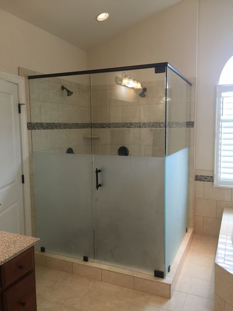 Frameless glass shower 1/2 frosted glass built by Value Remodelers in Charlotte, NC Frosted Glass Shower Door, Tub With Glass Door, One Piece Shower, Bathroom Redecorating, Frameless Glass Doors, Farmhouse Shower, Master Bath Remodel, Bathroom Remodel Shower, Downstairs Bathroom