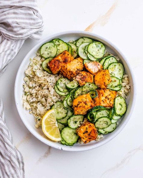 Salmon Cauli-Rice Bowls Spicy Salmon Bowls With Coconut Rice, Salmon And Cauliflower Rice, Salmon Cauliflower Rice Bowl, Salmon Avocado Cucumber Rice Bowl, Salmon Rice Edamame Bowl, Cauli Rice, Clean Eating Challenge, Cauliflower Fried Rice, Fried Salmon