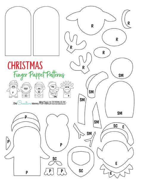 Christmas Finger Puppet Patterns {Stop by OneCreativeMommy.com to download the free printable pdf file} Felt Finger Puppet Patterns Templates Free, Free Puppet Patterns Templates, Free Finger Puppets Printable, Hand Puppet Patterns Free Templates, Free Finger Puppet Patterns, Finger Puppet Patterns Free, Finger Puppet Patterns Printable, Felt Finger Puppets Free Pattern, Felt Finger Puppet Patterns