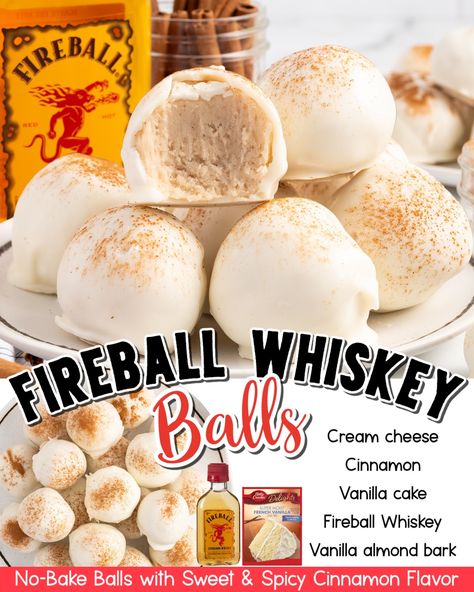 FIREBALL WHISKEY BALLS!... - Dinners, Dishes and Desserts | Facebook Whiskey Balls Recipe, Boozy Balls, Fireball Whiskey Recipes, Whiskey Balls, No Bake Truffles, Holiday Candy Recipes, Theme Snack, Cream Cheese Ball, Whiskey Recipes