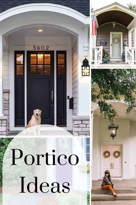 Front Porch Portico Design Ideas, Portico Ideas Entrance, Outdoor Entryway Ideas Exterior, No Porch Front Door Entrance, Cottage Front Doors Ideas, Exterior Front Entryway Ideas, Exterior Front Door Ideas Entrance, Outside Entryway Ideas Front Porches, Portico Entry Modern