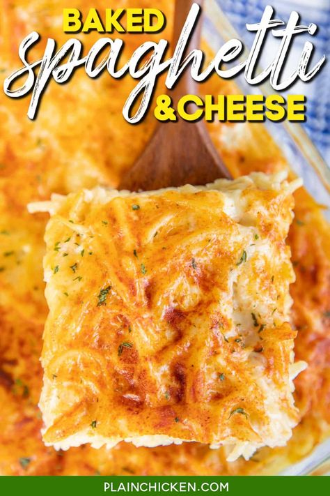 Baked Spaghetti And Cheese, Authentic Meatballs, Spaghetti And Cheese, Spaghetti Cheese, Plain Chicken Recipe, Fun Meals, Cheese Pudding, Food Sides, Baked Spaghetti Recipe