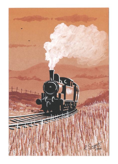 Steam Train. Painting, 1999. Vintage Train Drawing, Steam Train Illustration, Steam Locomotive Drawing, Steam Train Art, Train Illustration Drawing, Vintage Train Illustration, Steam Train Drawing, Railway Illustration, Steam Drawing